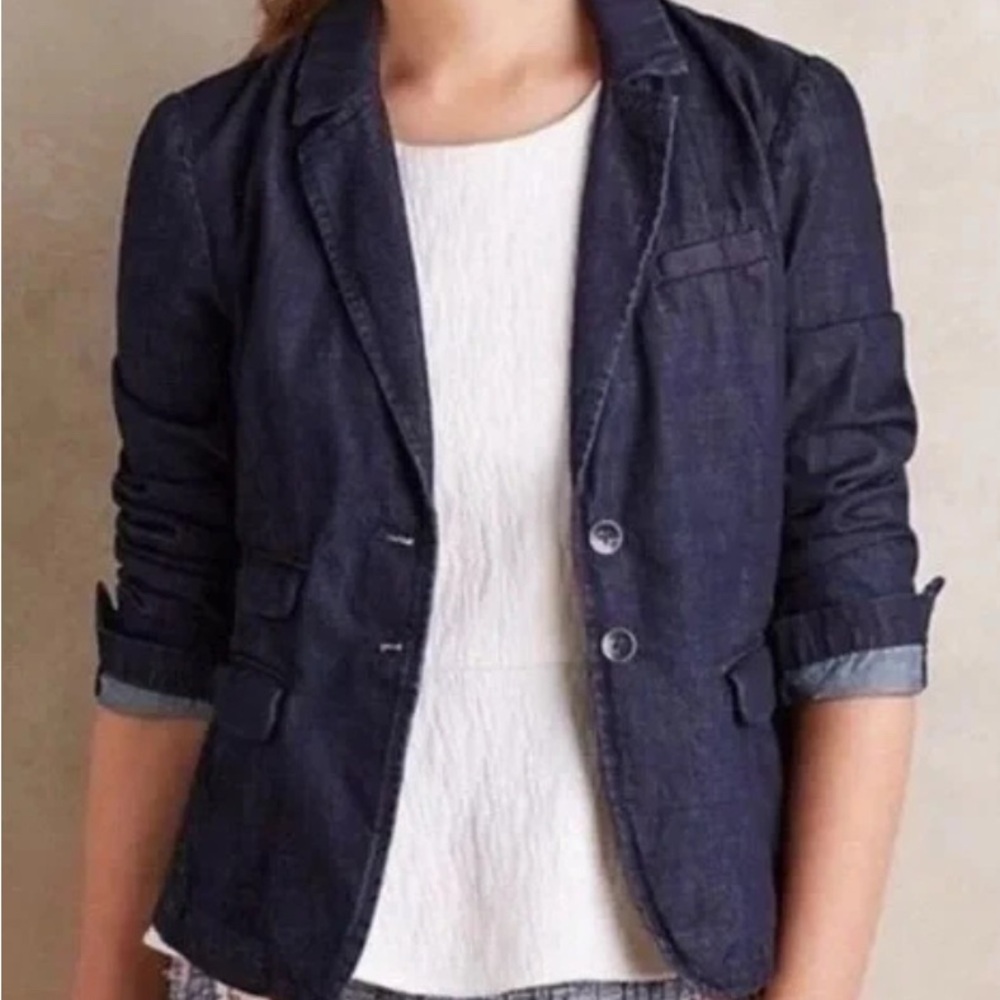 Pilcro and the Letterpress Navy Denim-Look Blazer